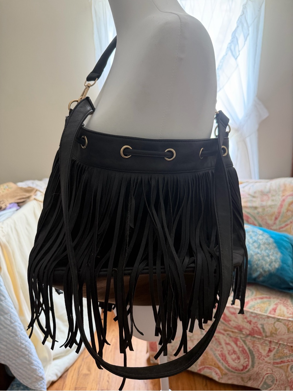 Fringed Hobo Shoulder Bag - Black - Picture 2 of 3